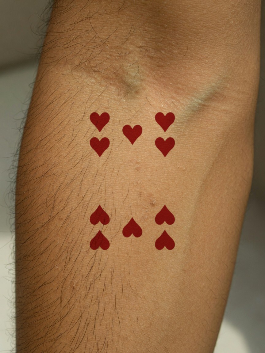 10 of Hearts pip tattoo on the outer forearm