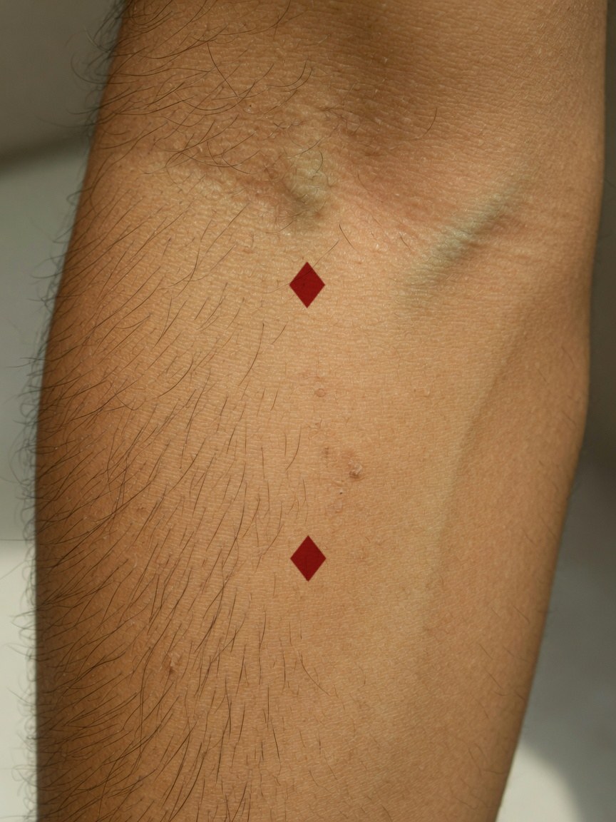 2 of Diamonds pip tattoo on the outer forearm