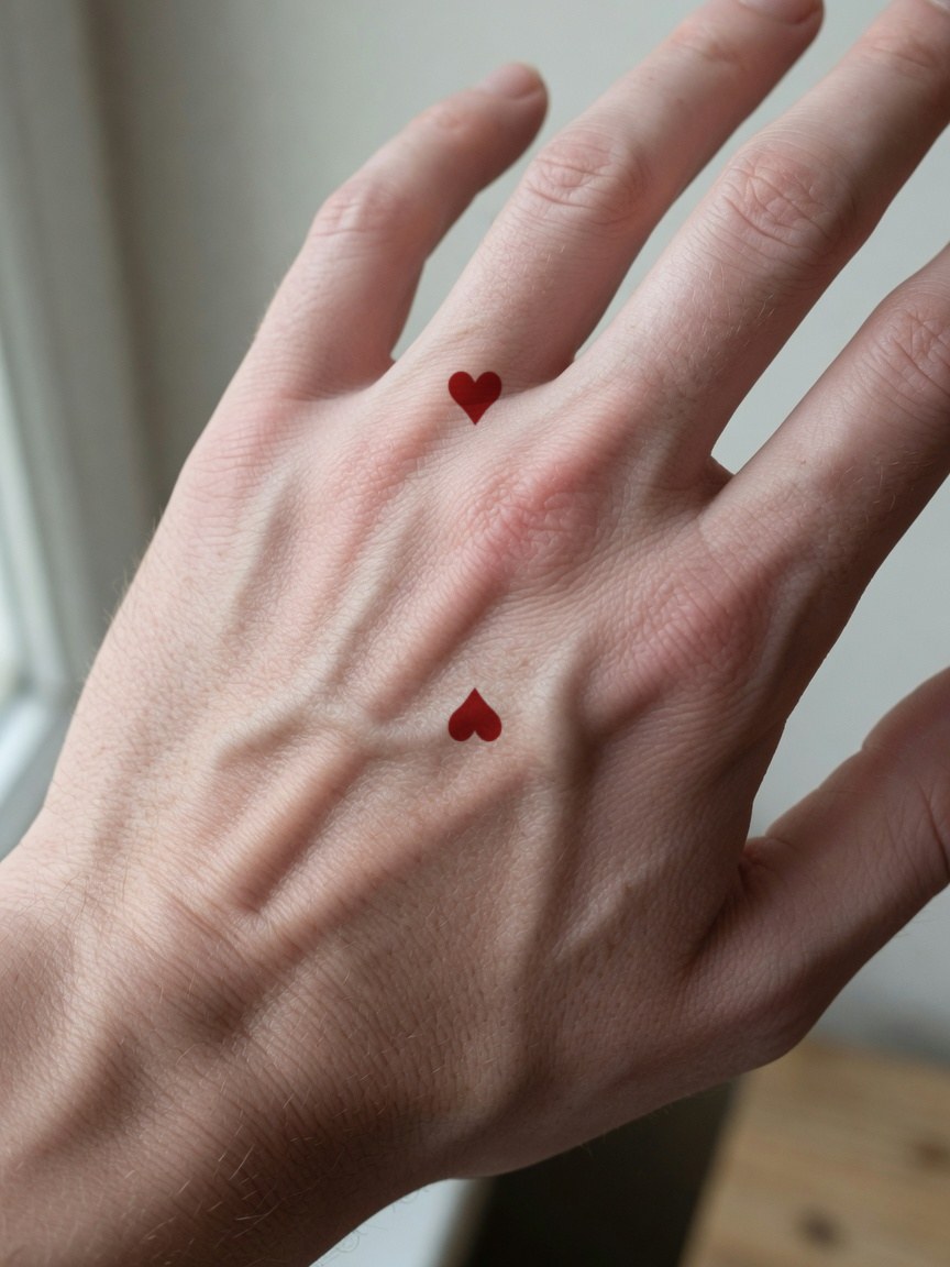 2 of Hearts pip tattoo on the back of the hand