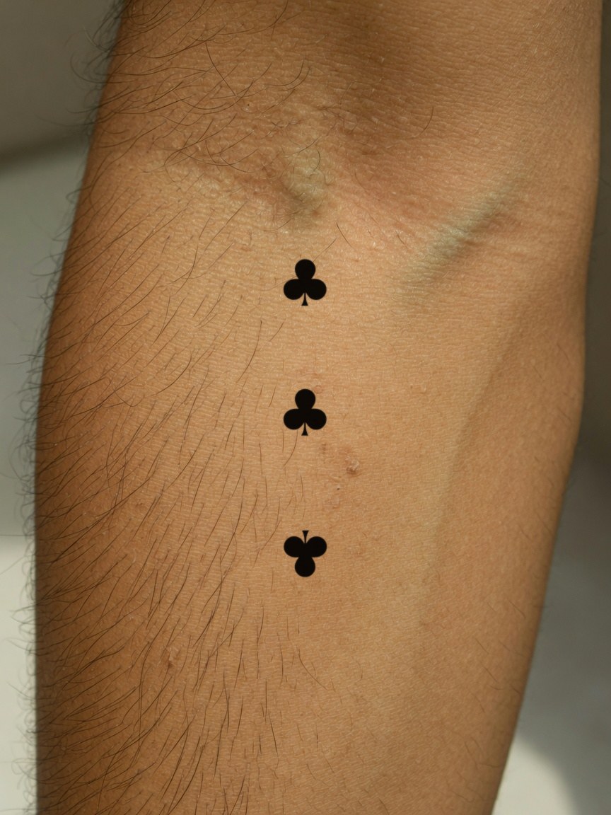 3 of Clubs pip tattoo on the outer forearm
