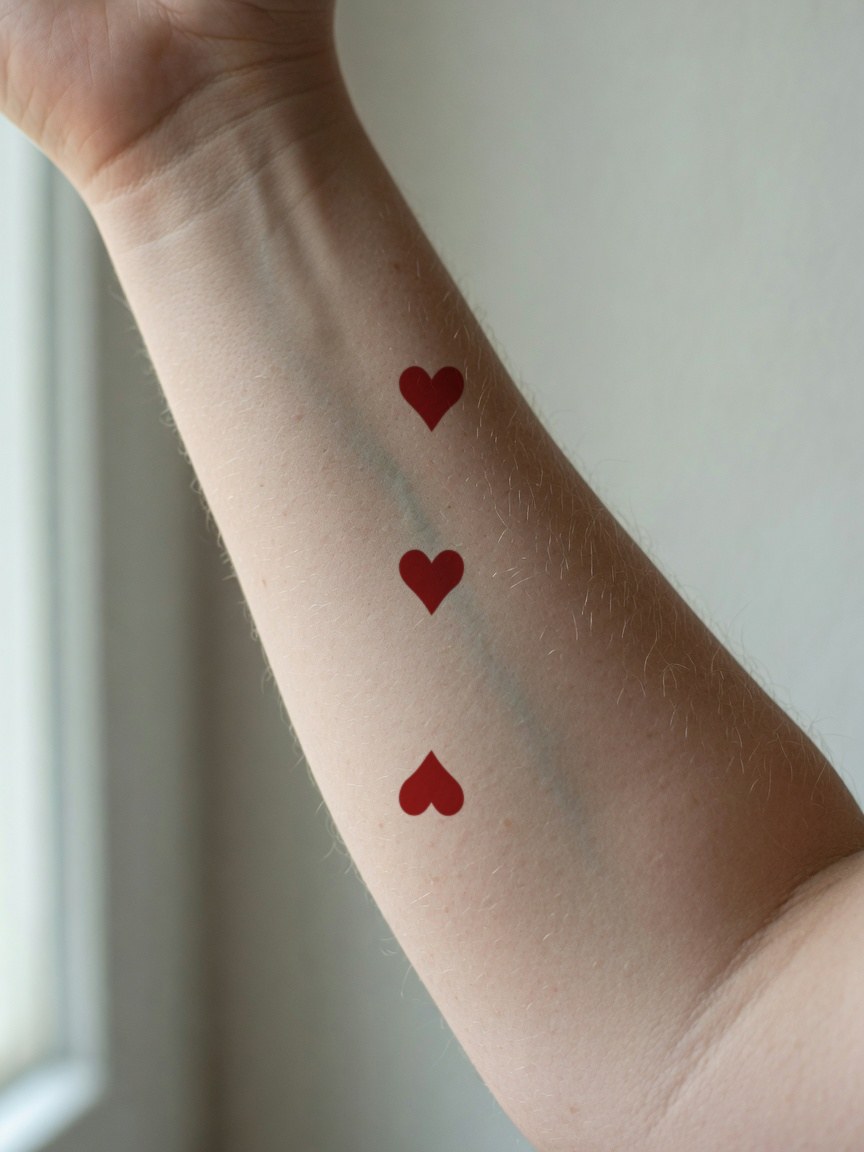 3 of Hearts pip tattoo on the inner forearm