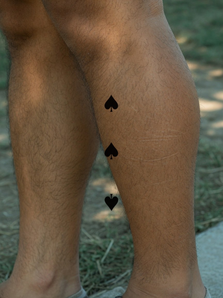 3 of Spades pip tattoo on the calf