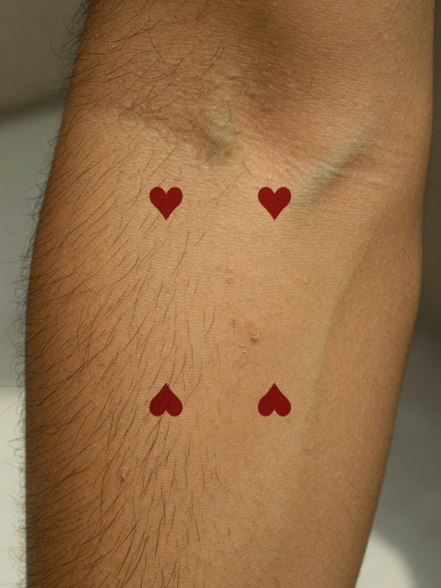 4 of Hearts pip tattoo on the outer forearm