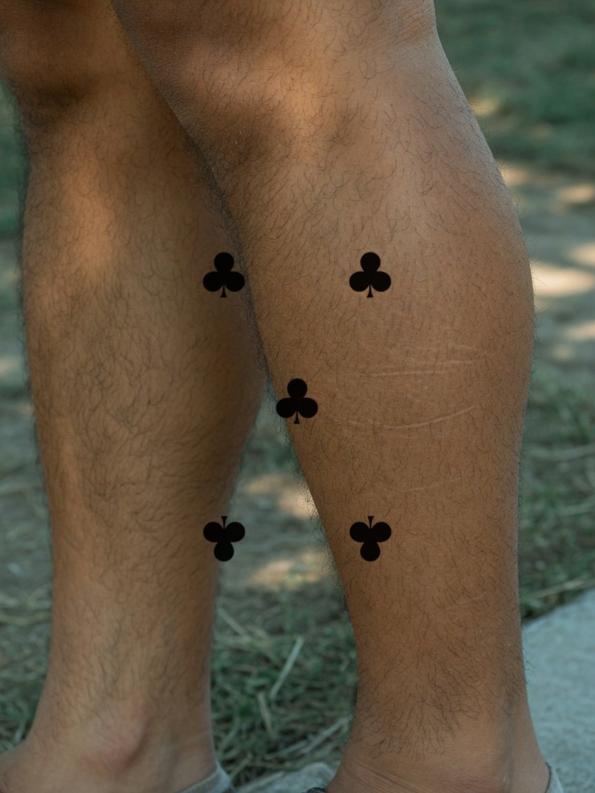 5 of Clubs pip tattoo on the calf