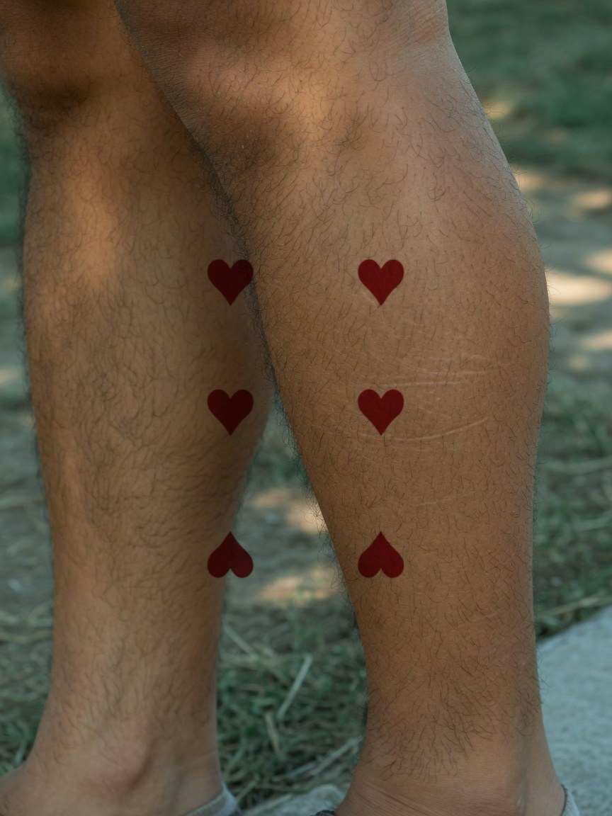 6 of Hearts pip tattoo on the calf