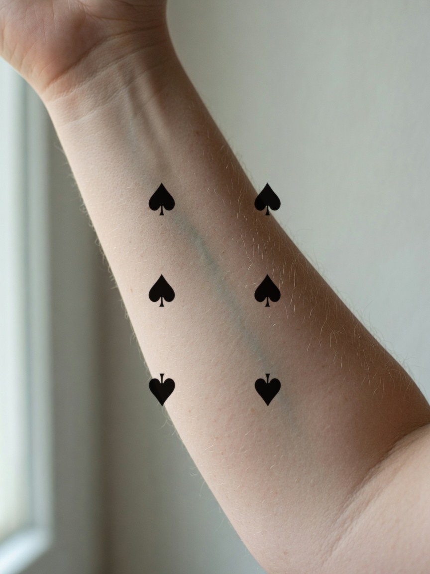 6 of Spades pip tattoo on the inner forearm