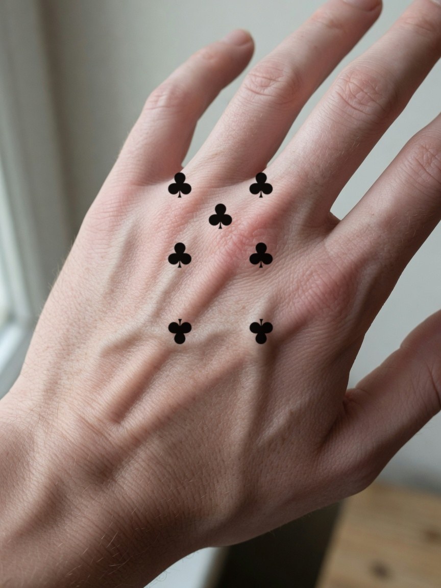 7 of Clubs pip tattoo on the back of the hand