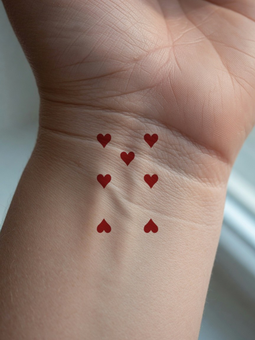 7 of Hearts pip tattoo on the inner wrist
