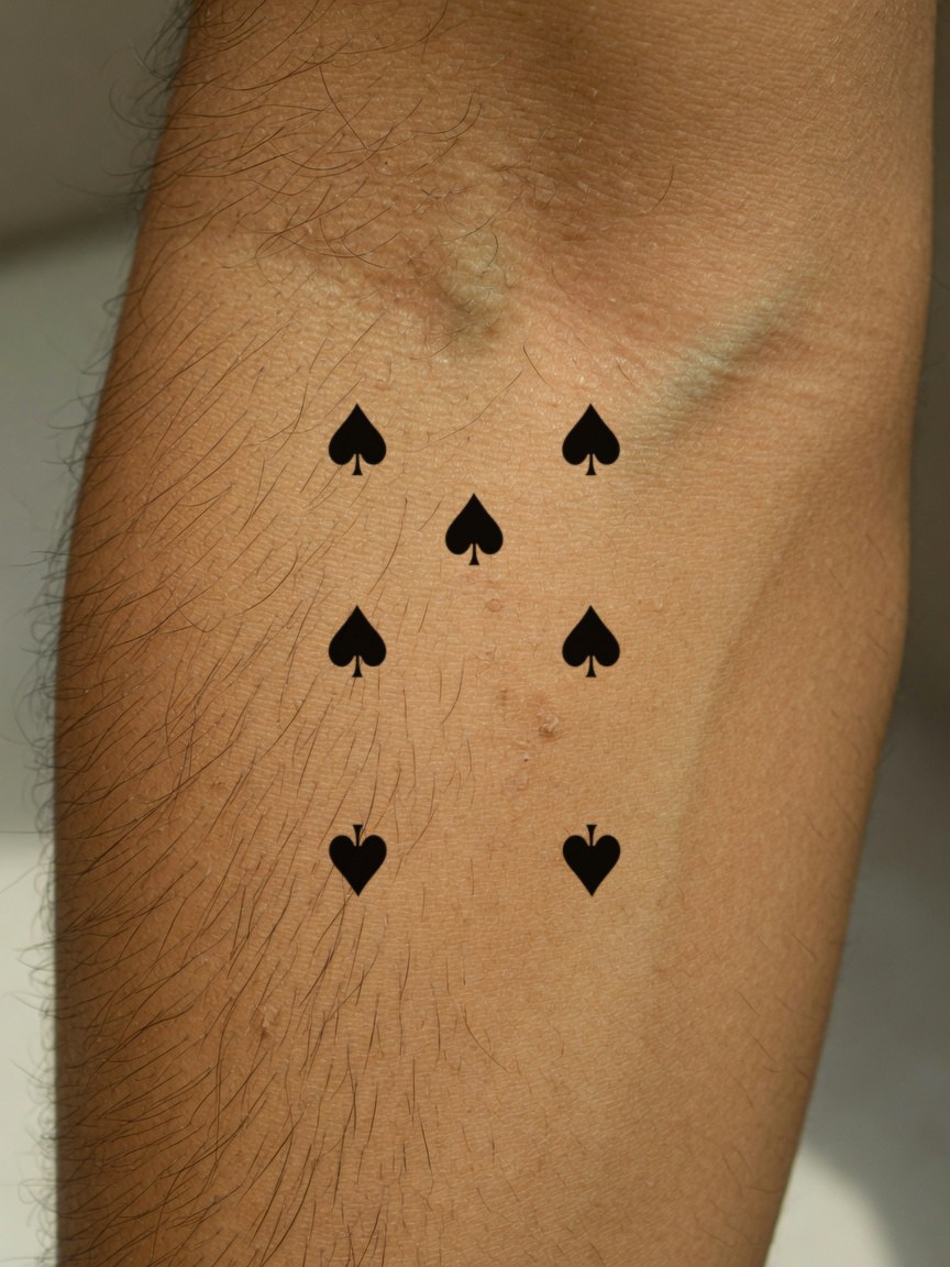 7 of Spades pip tattoo on the outer forearm