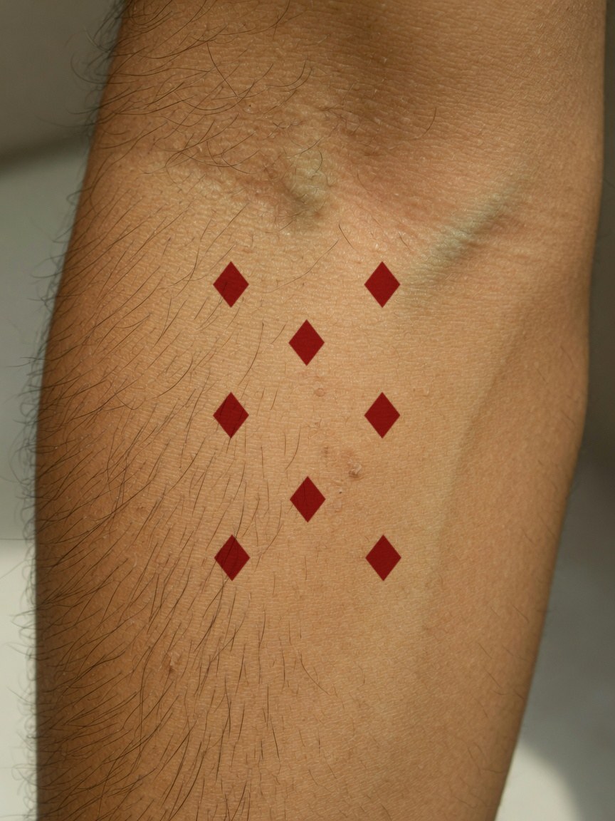 8 of Diamonds pip tattoo on the outer forearm