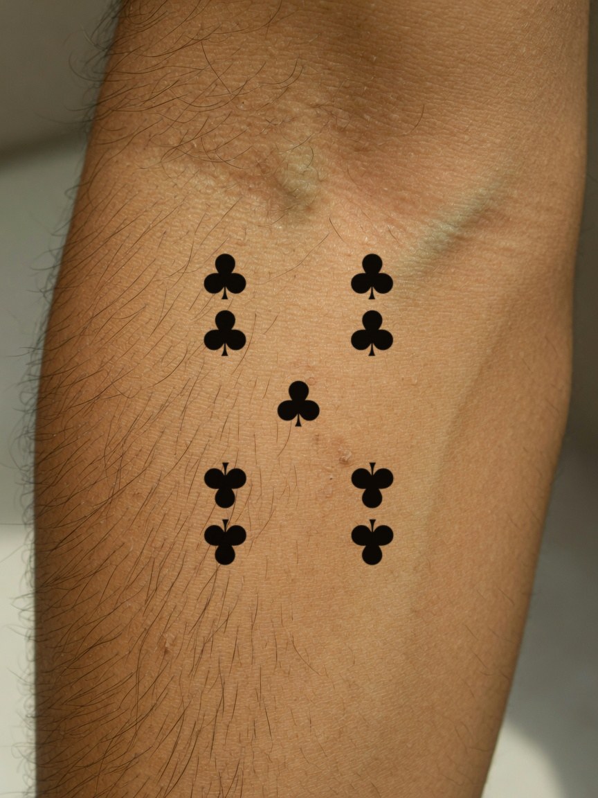9 of Clubs pip tattoo on the outer forearm