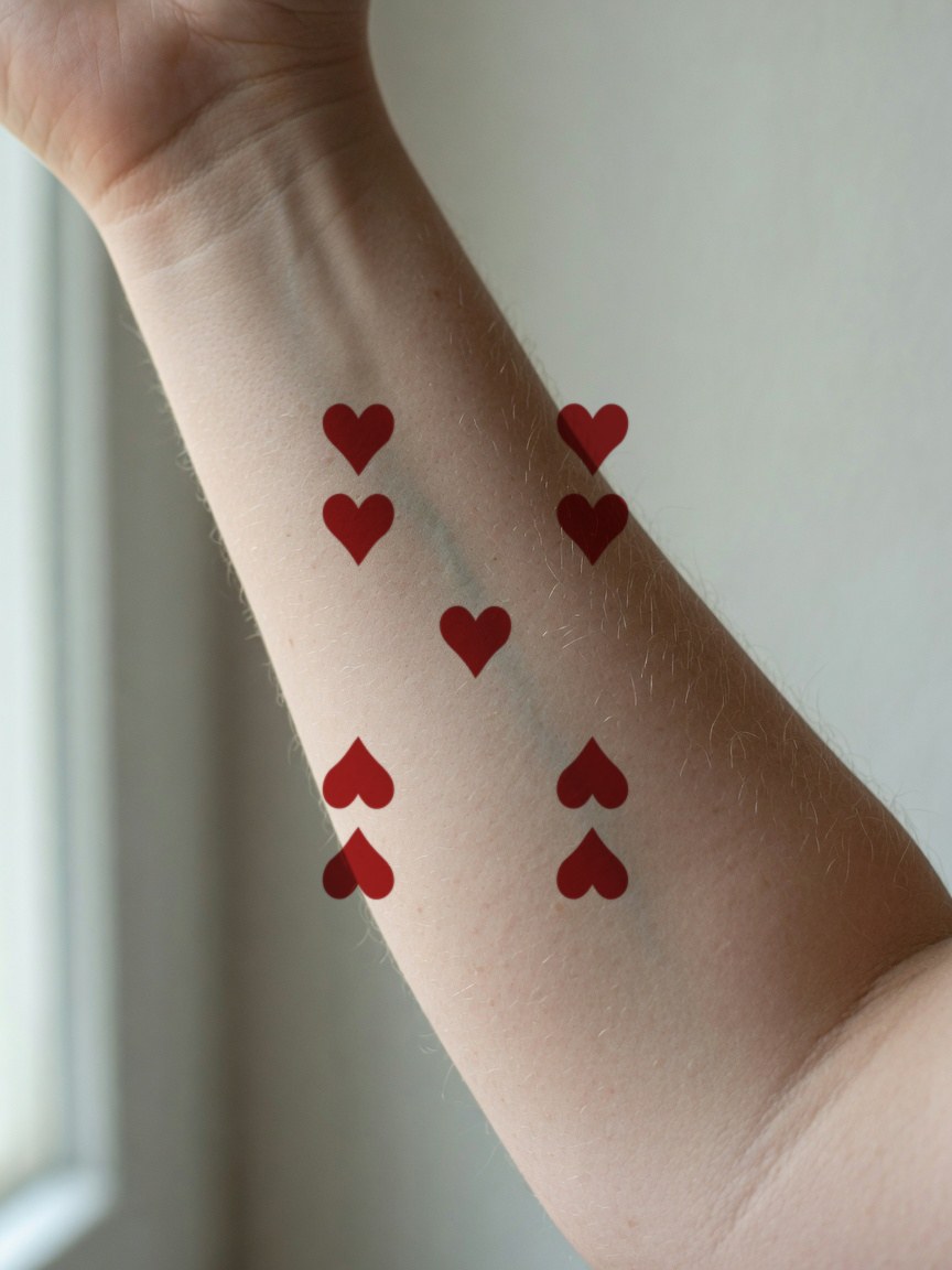 9 of Hearts pip tattoo on the inner forearm