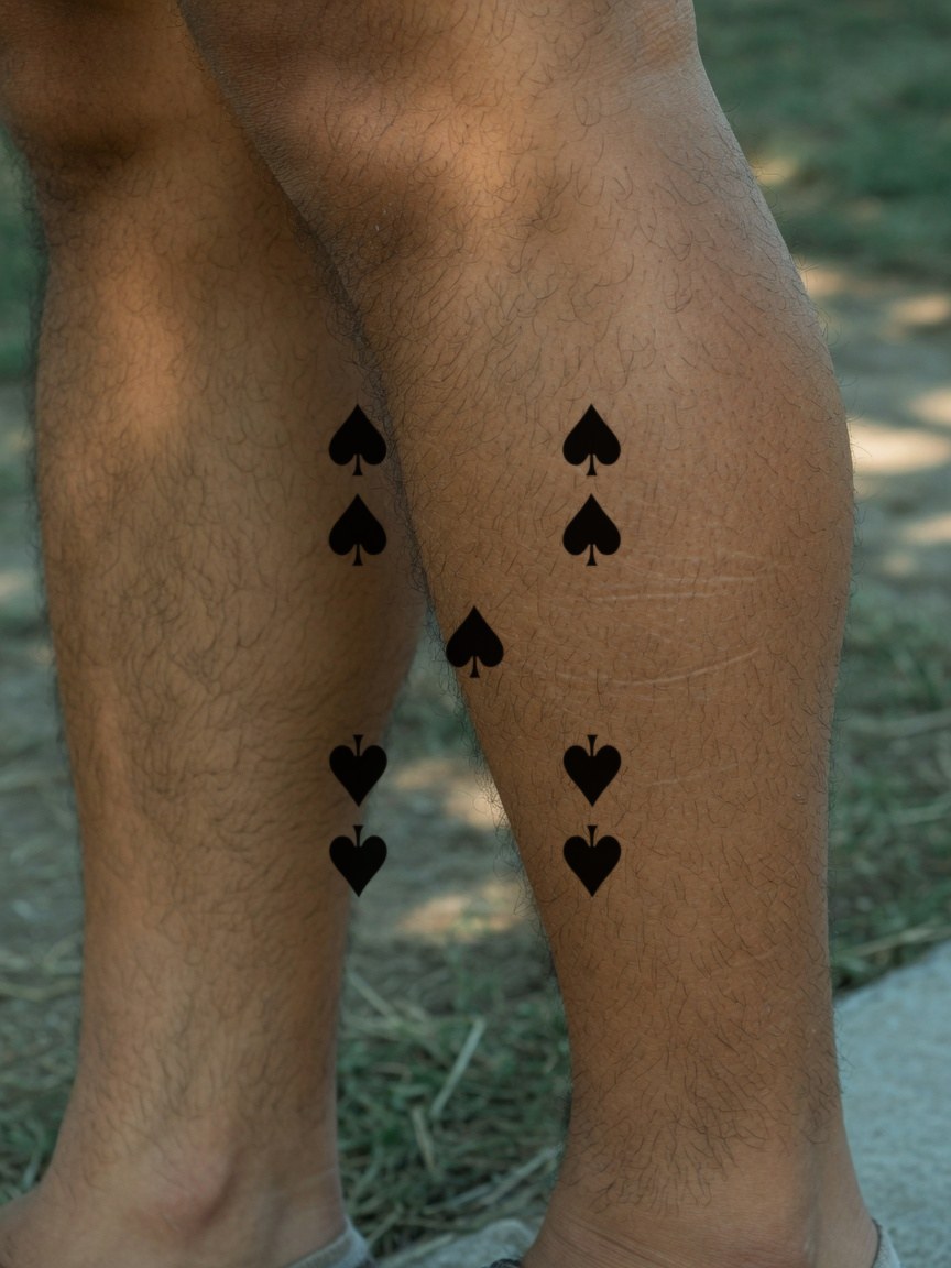 9 of Spades pip tattoo on the calf