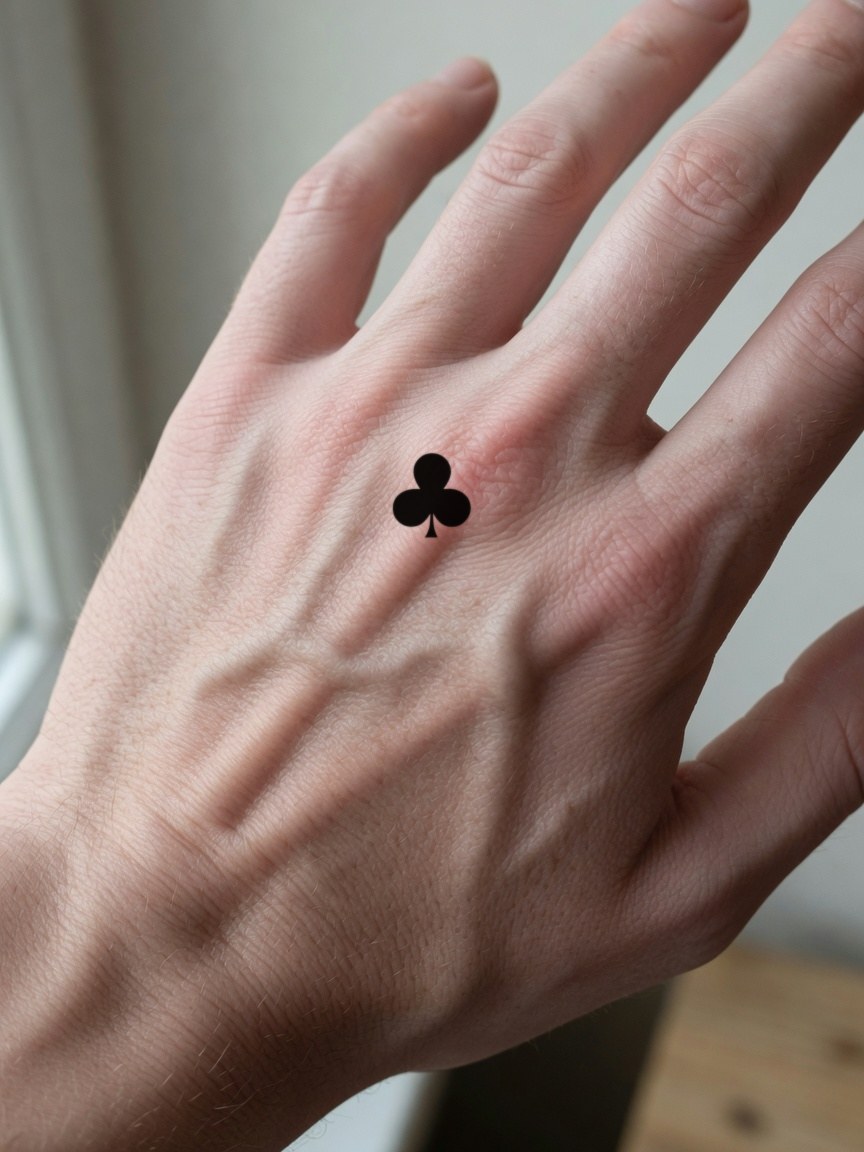 Ace of Clubs pip tattoo on the back of the hand