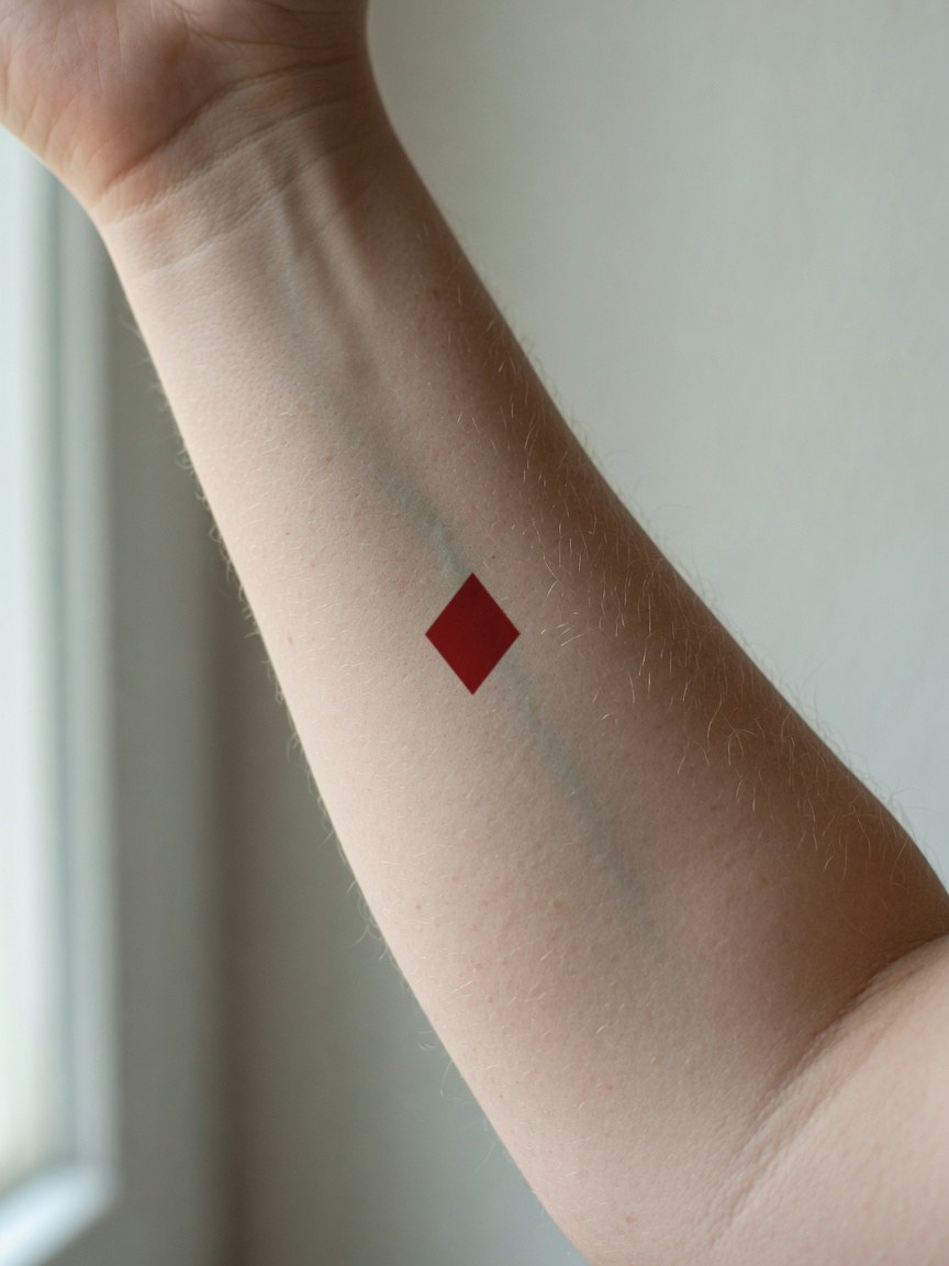 Ace of Diamonds pip tattoo on the inner forearm