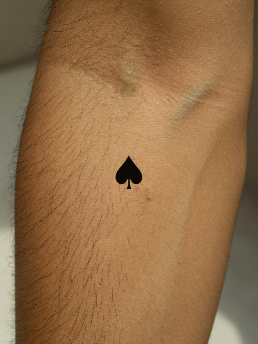 Ace of Spades pip tattoo on the outer forearm