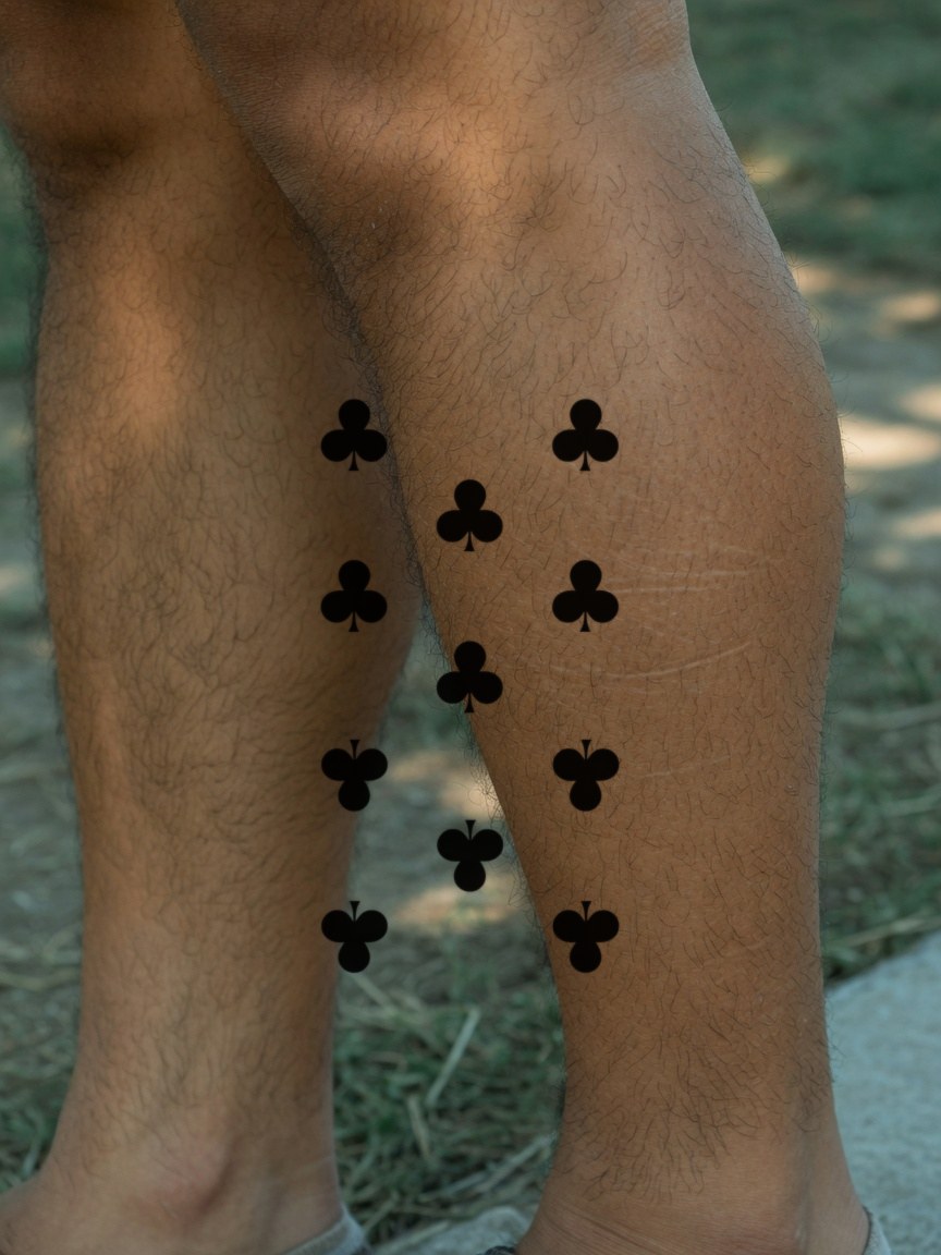 Jack of Clubs pip tattoo on the calf