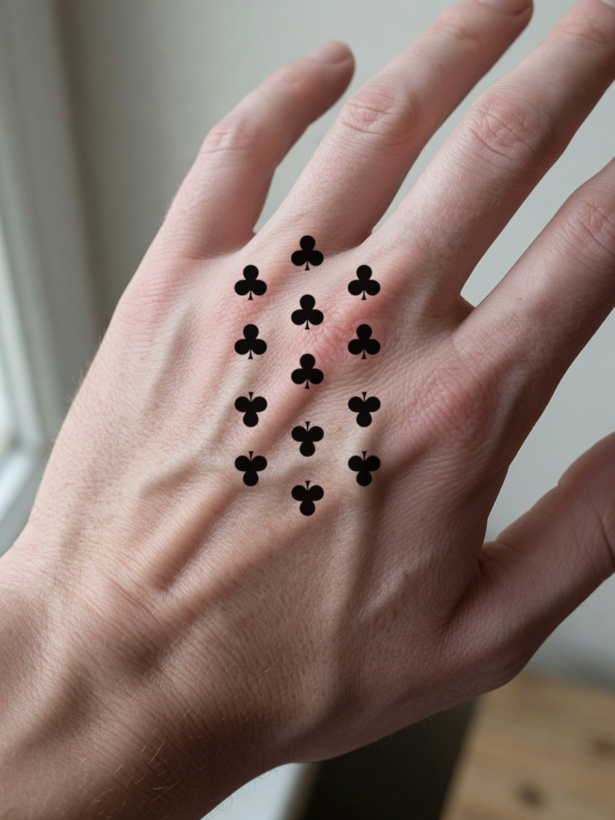 King of Clubs pip tattoo on the back of the hand