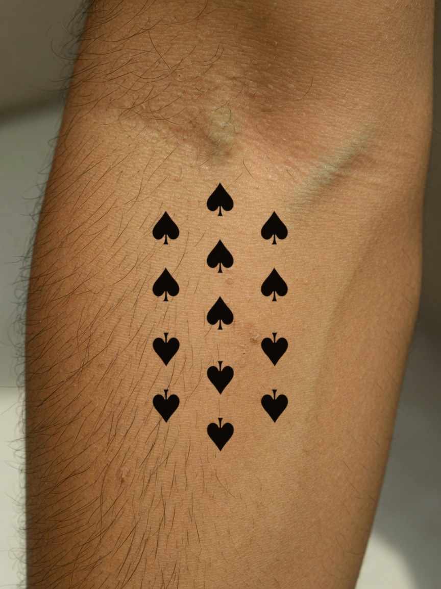 King of Spades pip tattoo on the outer forearm