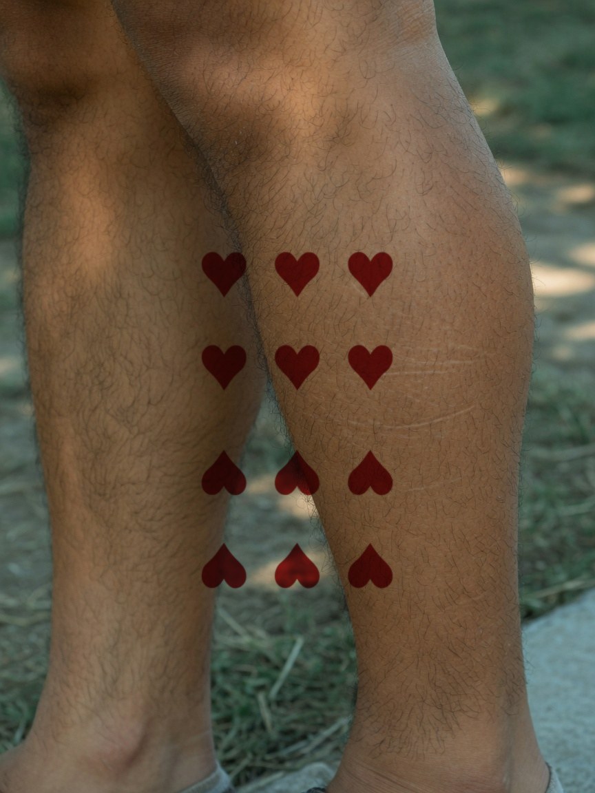 Queen of Hearts pip tattoo on the calf